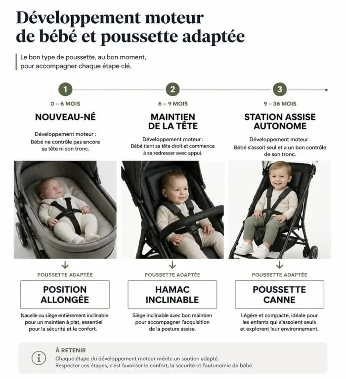 Infographie des étapes de développement moteur pour choisir une poussette canne adaptée à l'âge de bébé