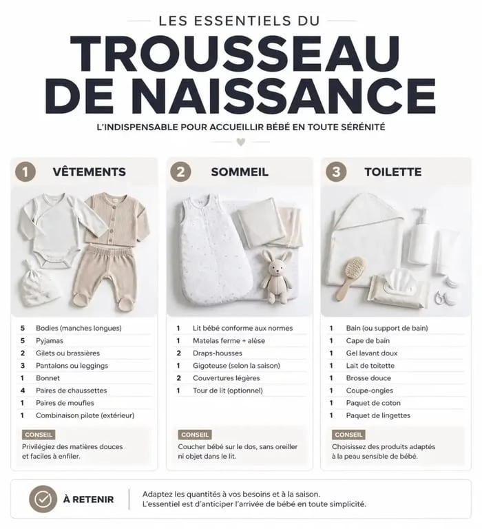 Infographie des essentiels du trousseau de naissance pour bébé