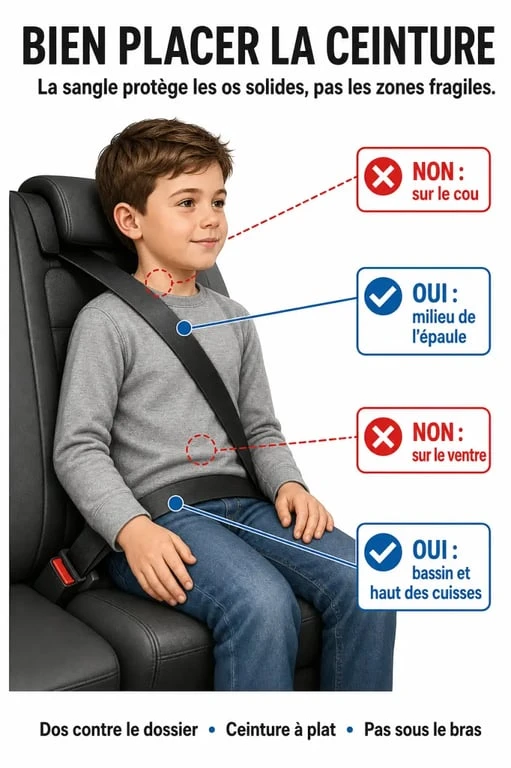 Siège auto jusqu'à quel âge : bon positionnement de la ceinture sur le bassin et l'épaule d'un enfant