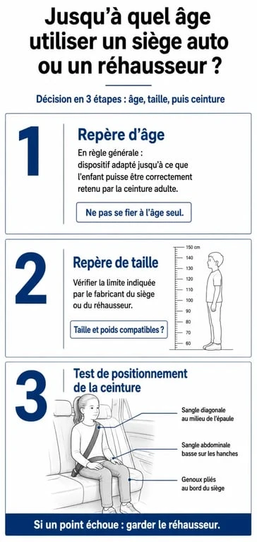 Siège auto jusqu'à quel âge : repères d'âge, de taille et de position de ceinture pour passer au réhausseur