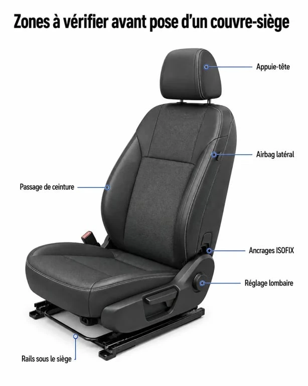 Couvre siège auto avec repères de sécurité et compatibilité sur un siège avant