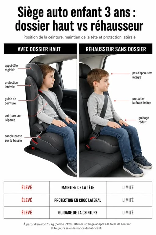 Siège auto enfant 3 ans : comparaison entre dossier haut et réhausseur sans dossier