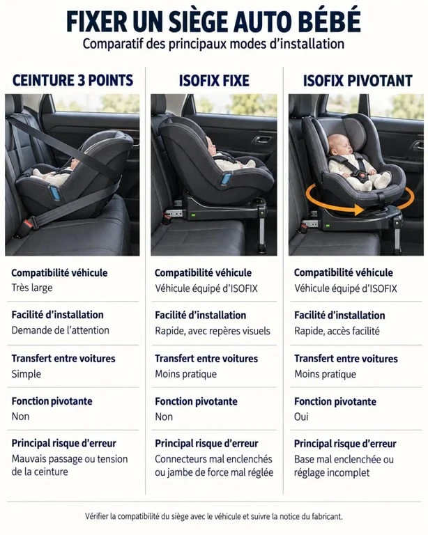 Comparatif d’un siège auto bébé sans Isofix avec fixation par ceinture, Isofix fixe et Isofix pivotant