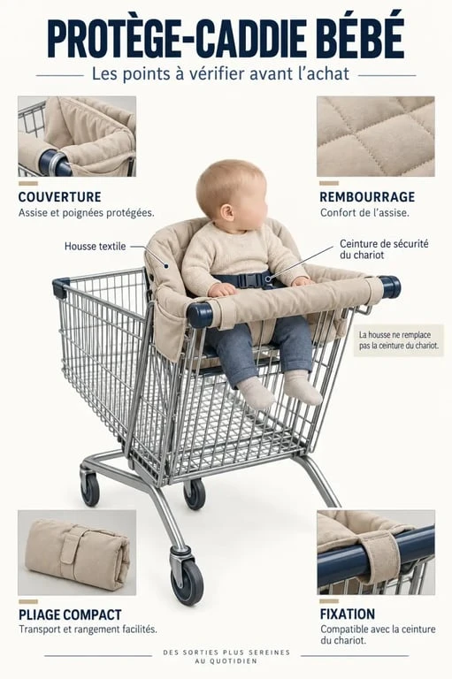 Infographie sur le protège caddie bébé et les critères de couverture, confort et sécurité