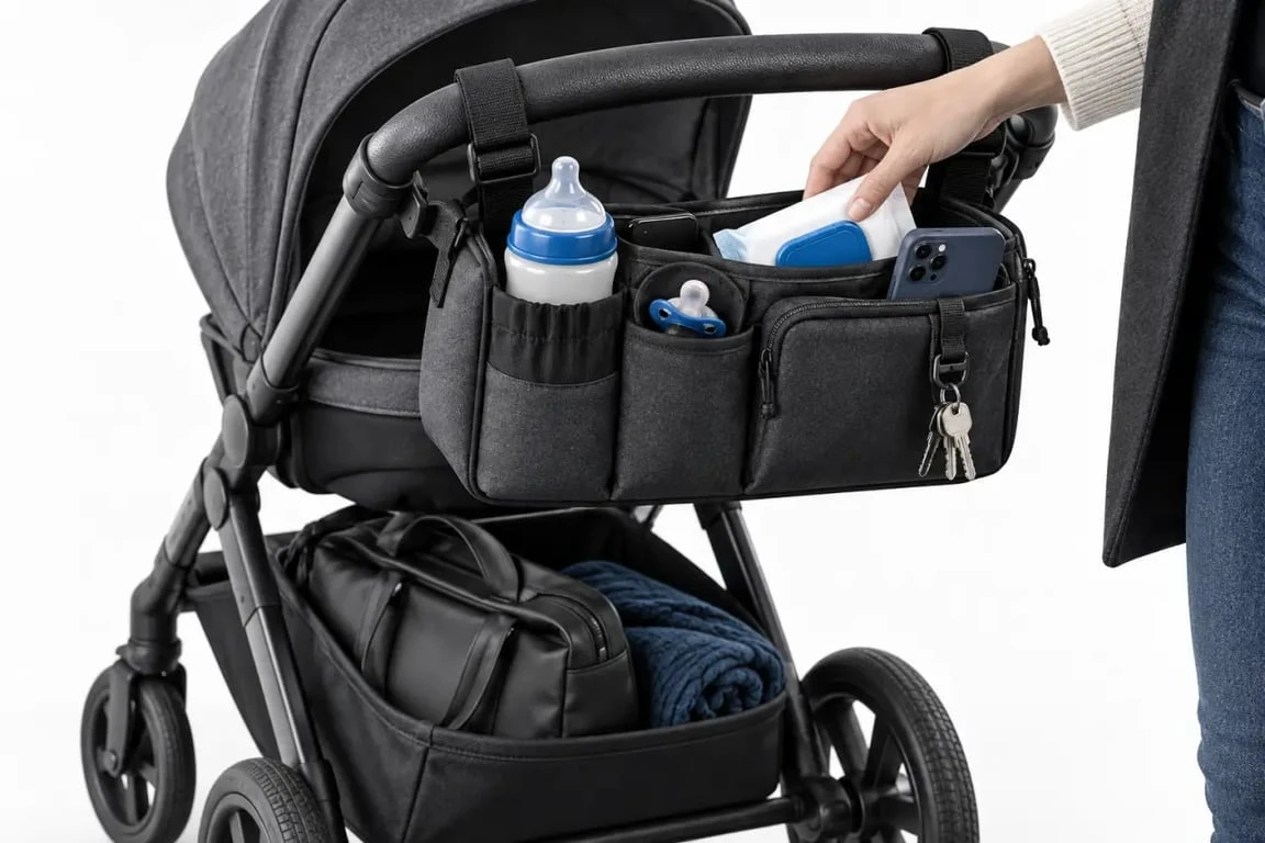 Organisateur pour poussette avec compartiments accessibles pour biberon, tétine et téléphone