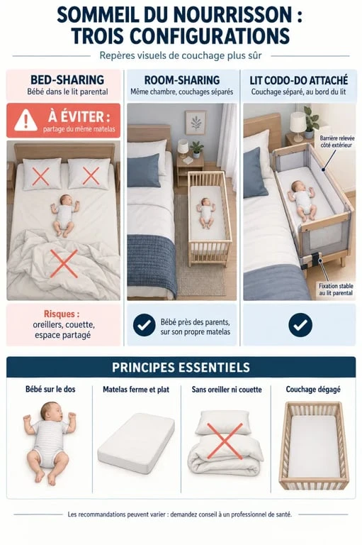 Infographie pour choisir la meilleure lit cododo et comprendre les différences entre bed-sharing, room-sharing et cododo attaché