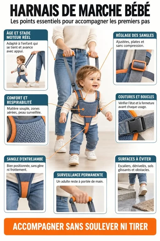 Infographie sur le choix et la sécurité d’un harnais de marche bébé