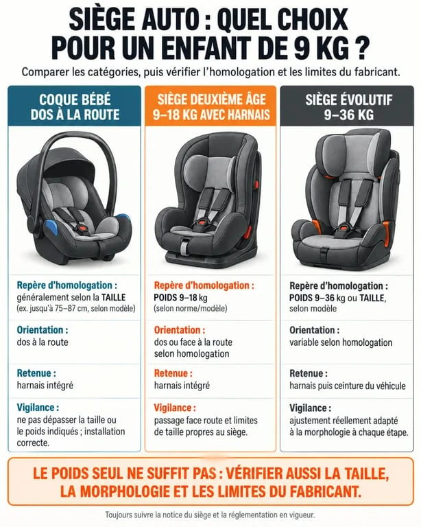 Comparatif visuel pour choisir un siège auto 9 kg entre coque, siège 9-18 kg et siège évolutif
