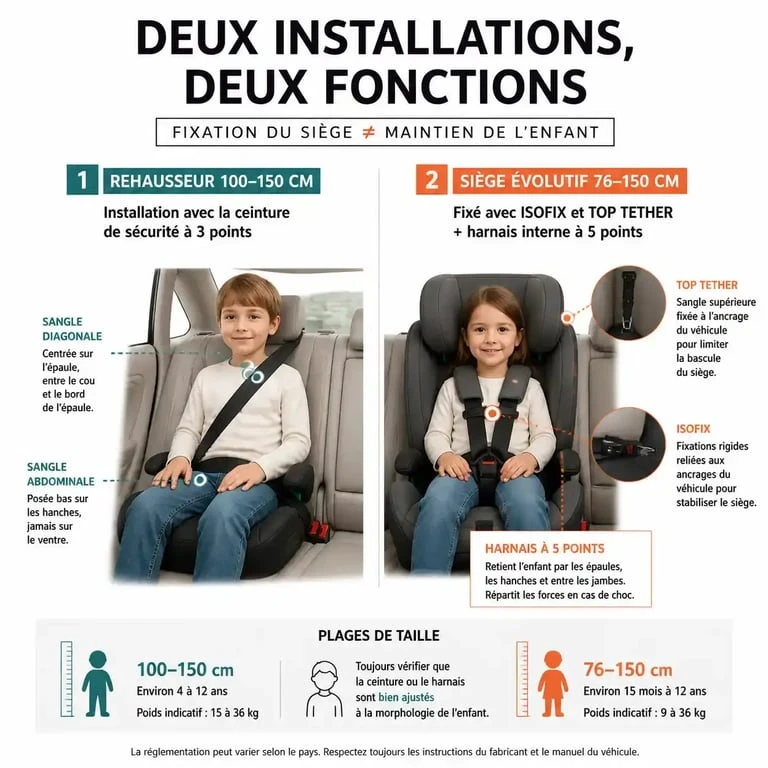 Infographie sur le siège auto Nania ceinture 3 points comparé à un siège ISOFIX avec harnais