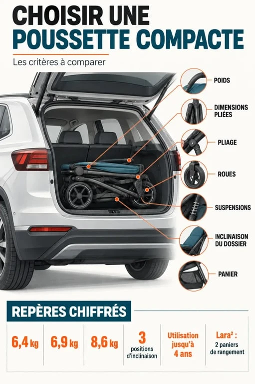 Infographie des critères pour choisir une pousette compact selon le poids, le pliage et le confort
