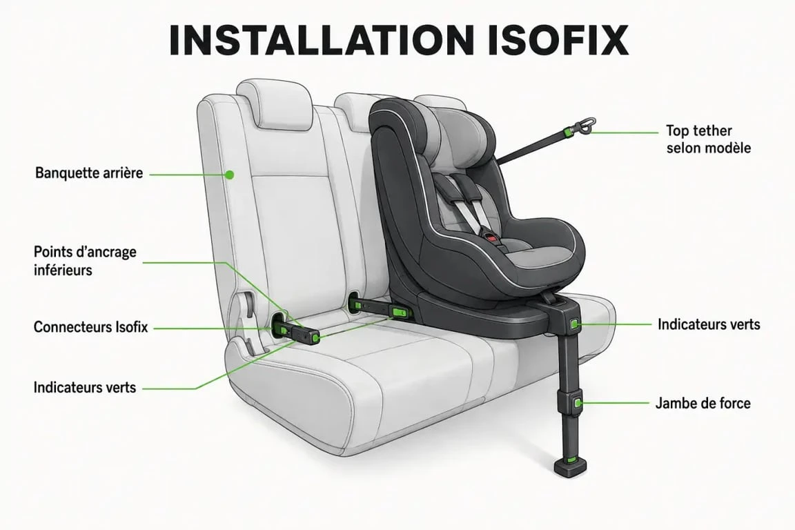 Schéma isofix siège auto montrant les points d’ancrage, la jambe de force et le top tether