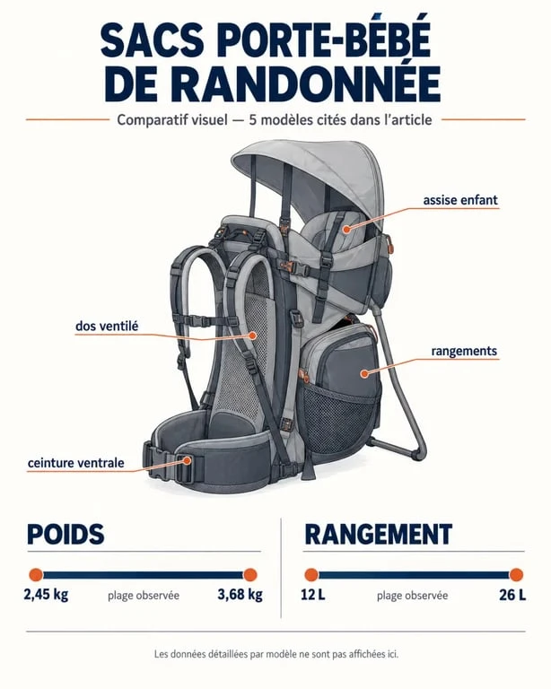 Infographie sur les caractéristiques d’un sac porte bébé de randonnée, avec poids et capacité de rangement