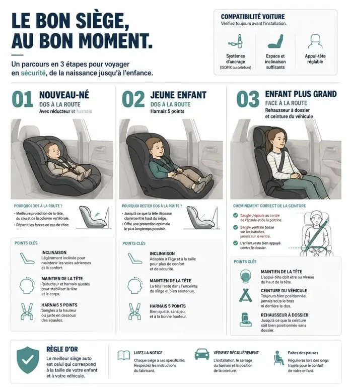 Infographie sur le siège auto bébé 0+/1 2 3 et ses étapes d'utilisation