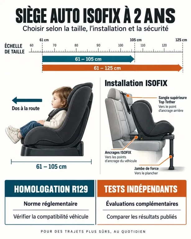 Infographie pour choisir un siège auto 2 ans isofix selon la taille, le sens d’installation et la norme R129