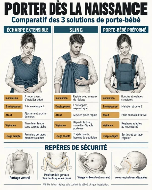 Infographie comparative des solutions de porte-bébé naissance : écharpe, sling et préformé