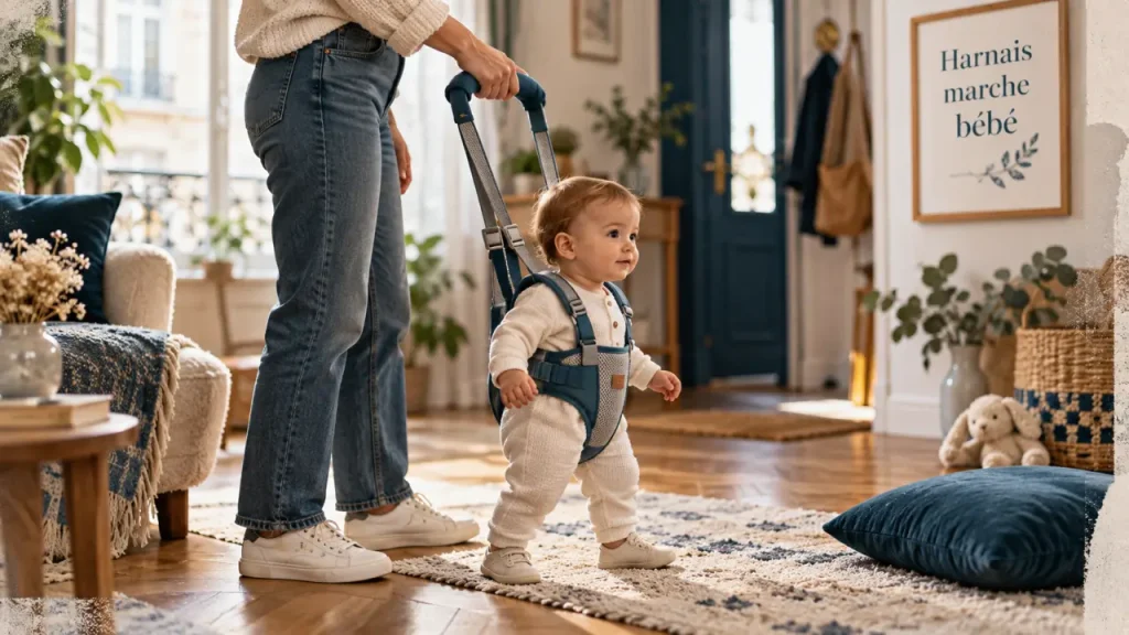 Harnais de marche bébé guidant les premiers pas, en intérieur