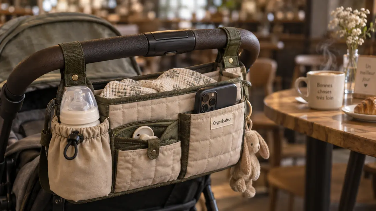 Organisateur pour poussette en tissu, poches pour biberon et téléphone