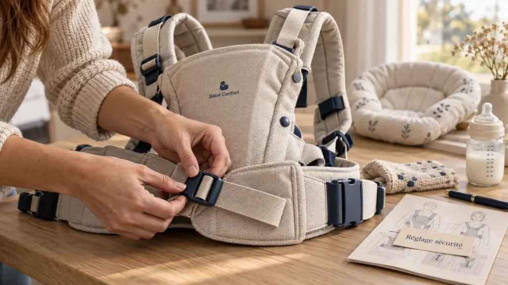 Porte bébé bébé confort beige, vue réglages et sangles à vérifier