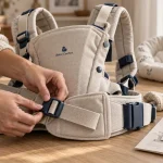 Porte bébé bébé confort beige, vue réglages et sangles à vérifier