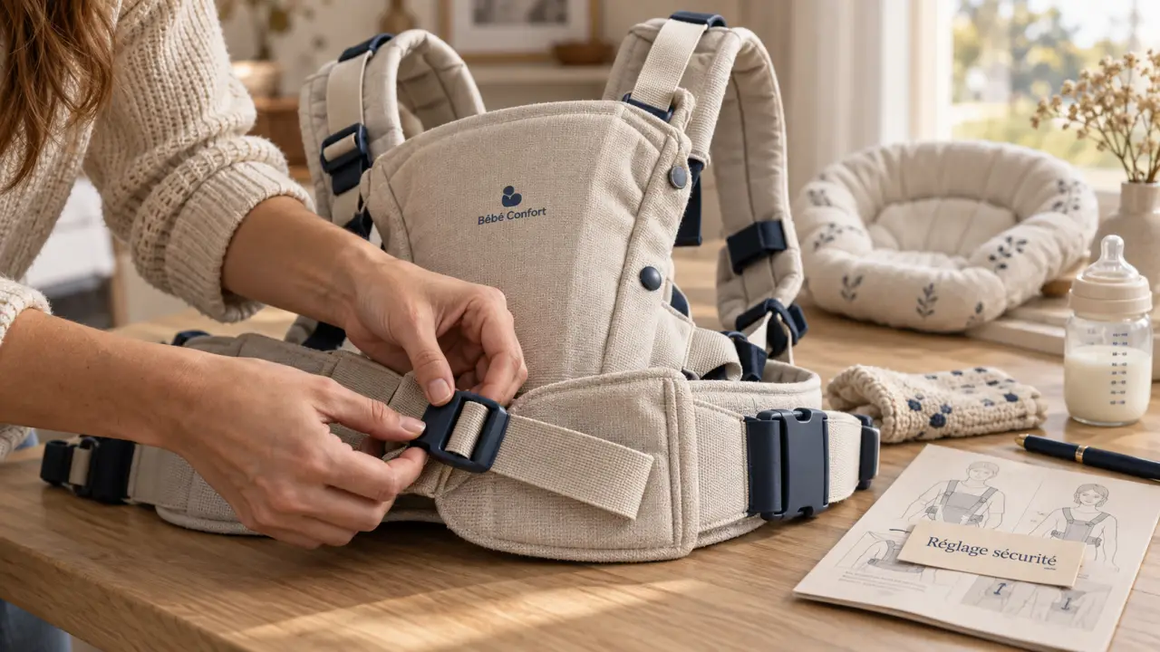 Porte bébé bébé confort beige, vue réglages et sangles à vérifier