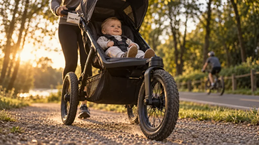 Une poussette running sécurise la course, dès 6 à 8 mois avec une roue avant verrouillée