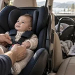 Siège auto 9 kg : adulte règle un harnais dans la voiture