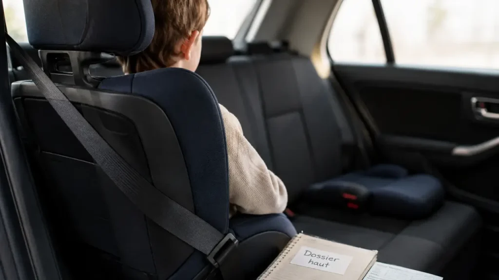 Siège auto enfant 3 ans : dossier haut et réhausseur sans dossier, enfant attaché
