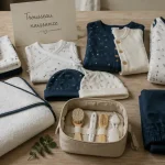Trousseau naissance bébé : essentiels sur table en bois clair