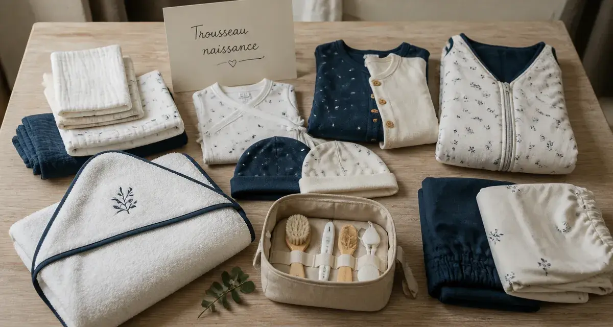Trousseau naissance bébé : essentiels sur table en bois clair