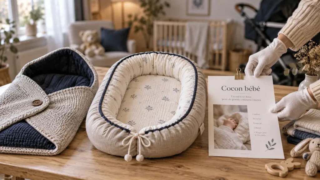 Cocon bébé et nid bébé apaisants sur table, document “Cocon bébé”
