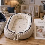 Cocon bébé et nid bébé apaisants sur table, document “Cocon bébé”