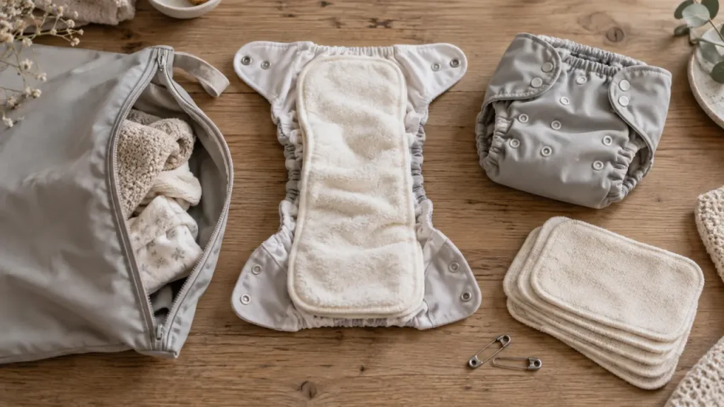 couche lavable bebe, insert et culotte imperméable sur table