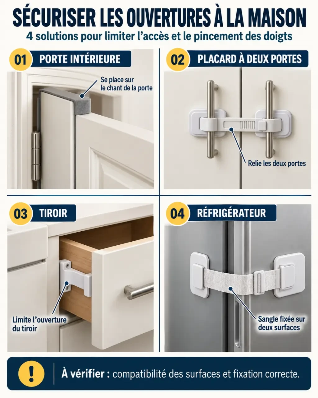 Infographie sur les différents types de bloque-porte bébé selon la zone à protéger