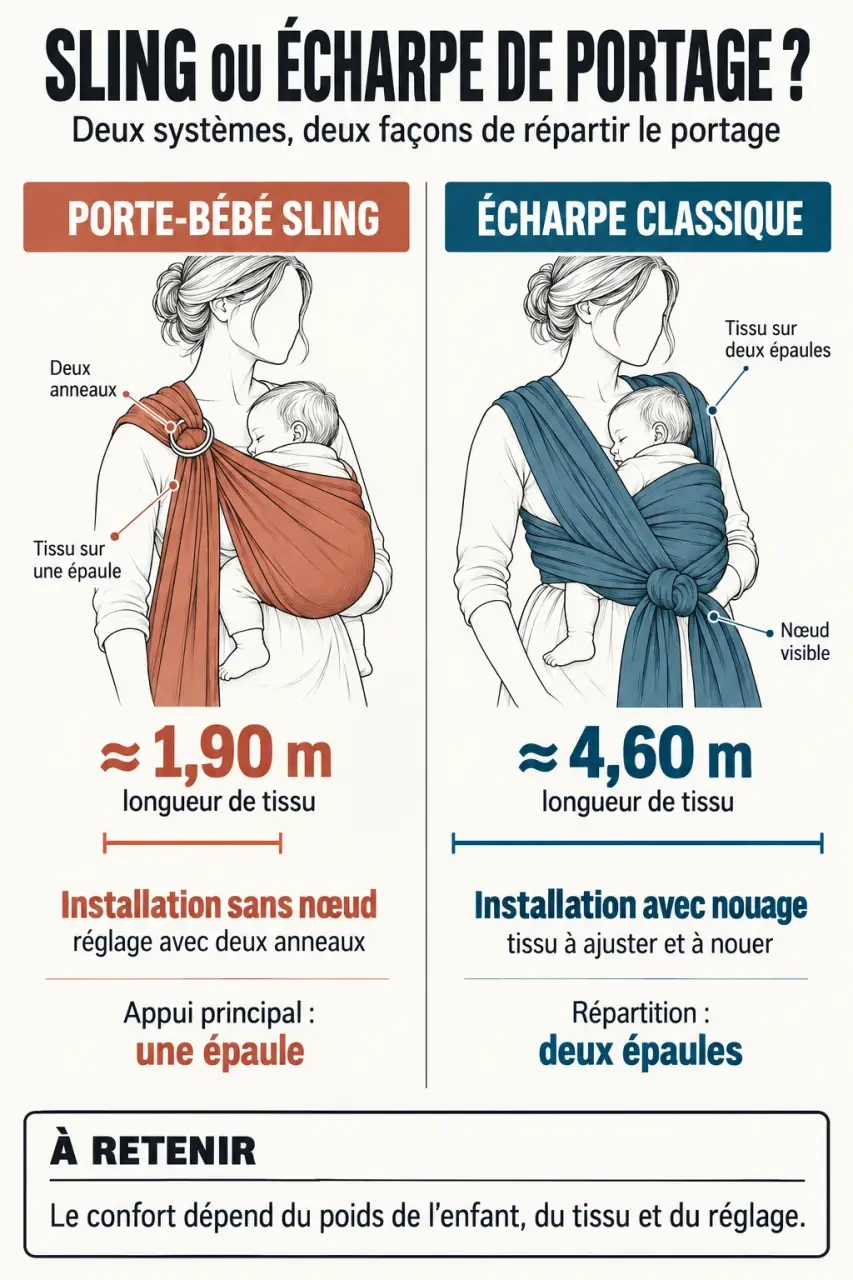 Infographie sur le porte bébé sling et la différence avec une écharpe de portage classique