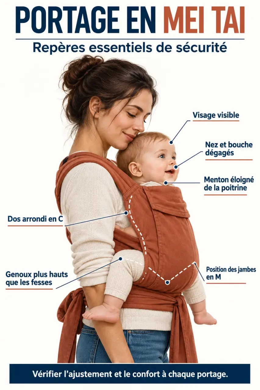 Porte-bébé mei tai : schéma de la position physiologique et du visage dégagé