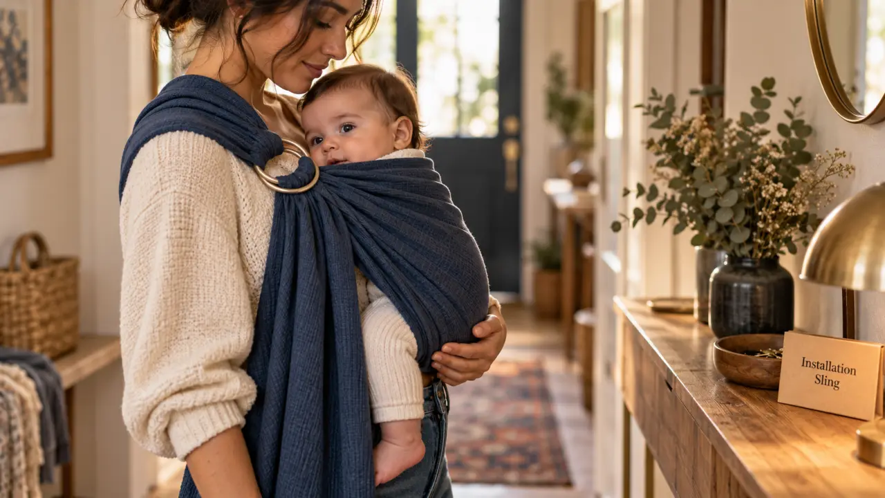 Parent avec porte bébé sling près de la porte, pour petits trajets