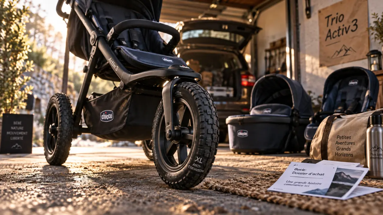 Poussette chicco trio activ3 tout-terrain, roues XL, coffre voiture en arrière-plan