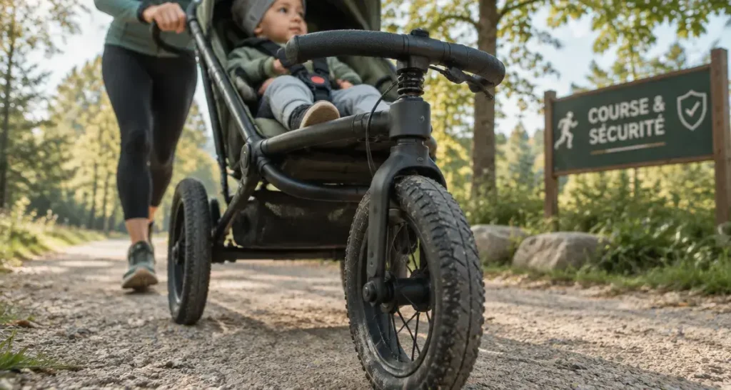 Poussette pour course à pied réglée : enfant harnais, frein et avant verrouillé