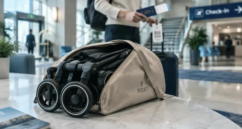 Poussette pockit pliée en sac cabine pour voyager